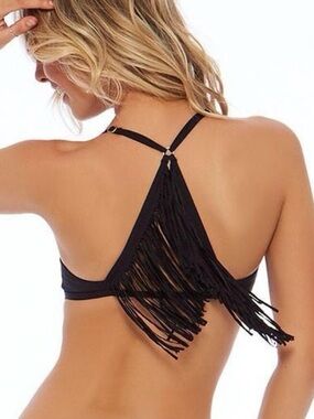 NWOT L*Space Ava back fringe bikini top black